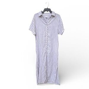 Lucky Brand Linen Blend Midi Shirt Dress XS Striped Button Down Resort